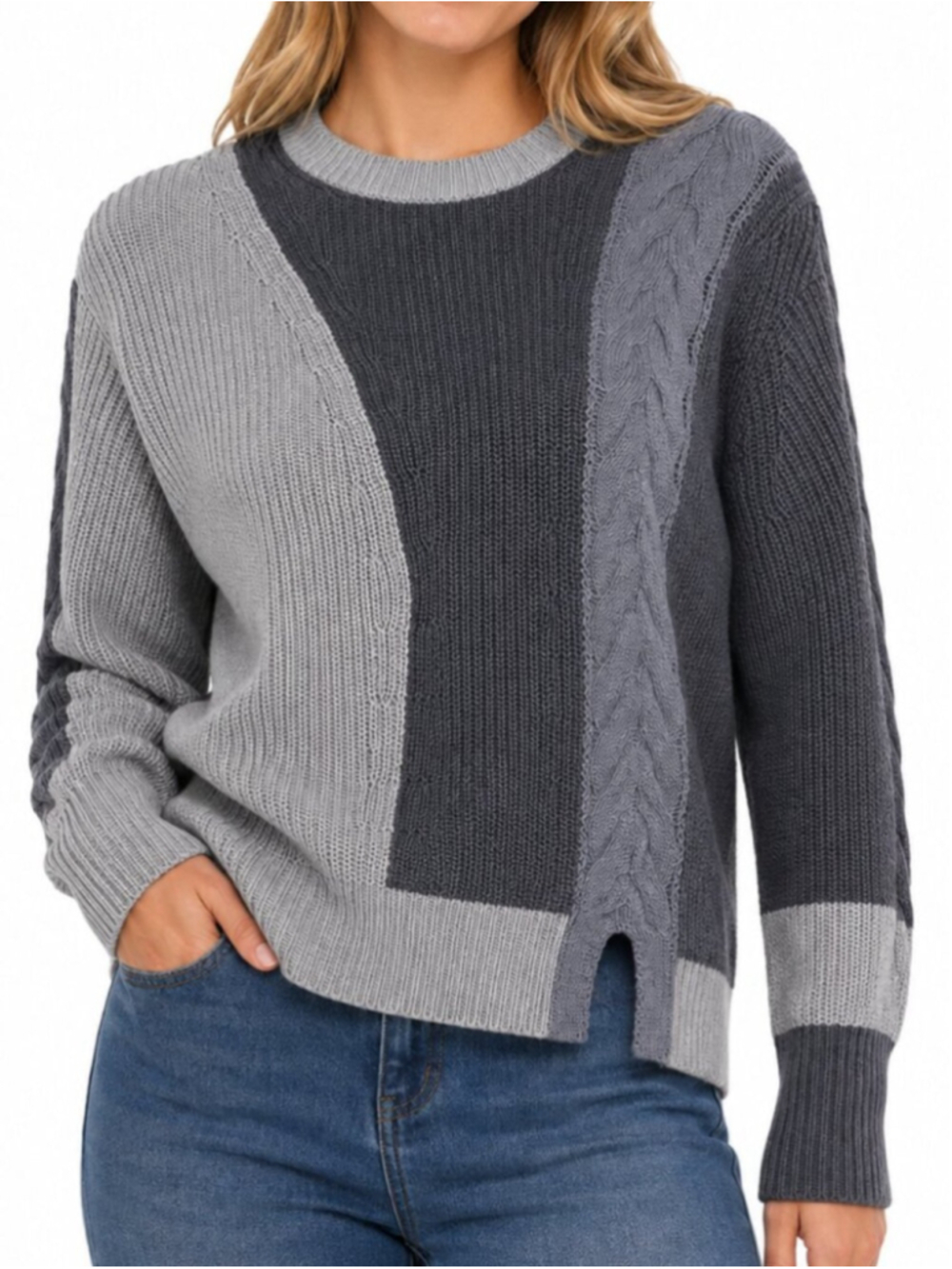 WILFRED Lonell Colorblock Merino Wool Sweater Black Grey Small Knit Crew Aritzia